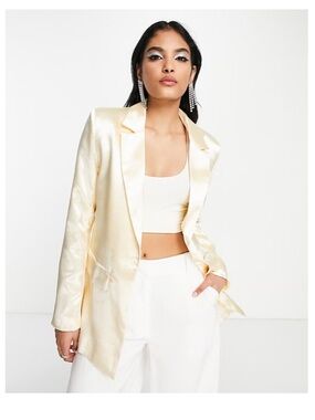 Satin Cream Longline Single-Breasted Blazer